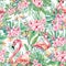 Watercolor seamless patetrn tropical floral and flamingo, colorful exotic summer print