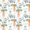 Watercolor seamless pattern with african trees and animals.