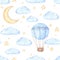 Watercolor seamless pattern - Air balloon, moon and stars. Ideas