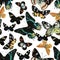 Watercolor seamless pattern with amazing tropical exotic butterflies.