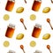 Watercolor seamless pattern with amber linden honey jars with lemon. Wooden spoon with honey. Honey flowing from a stick