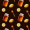 Watercolor seamless pattern with amber linden honey jars with lemon. Wooden spoon with honey. Honey flowing from a stick