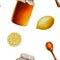 Watercolor seamless pattern with amber linden honey jars with lemon. Wooden spoon with honey. Honey flowing from a stick