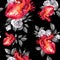 Watercolor seamless pattern, anatomic hearts with sketches of roses and leaves in vintage medieval style. Valentines day