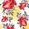 Watercolor seamless pattern, anatomic hearts with sketches of roses and leaves in vintage medieval style. Valentines day