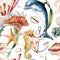 Watercolor seamless pattern with animals. Hand painted dolphin, lionfish, seahorse and anchor illustration isolated on