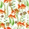 Watercolor seamless pattern with aquarium gold fishes, plants, snail and bubbles.