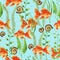 Watercolor seamless pattern with aquarium gold fishes, plants, snail and bubbles.