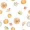 Watercolor seamless pattern autumn branches, leaves and pumpkin. Rustic greenery.