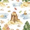 Watercolor seamless pattern with autumn forest, puddles, stump.