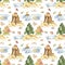 Watercolor seamless pattern with autumn forest, puddles, stump.