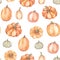 Watercolor seamless pattern - Autumn harvest. Pumpkin farm background. Perfect for seasonal advertisement, fabric