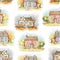 Watercolor seamless pattern with autumn landscape and country house