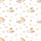 Watercolor seamless pattern with autumn mood, puddles, rubber boots, umbrella, clouds, autumn leaves on a white background