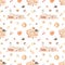 Watercolor seamless pattern with autumn picnic, tea, thermos, plaid, pie, bun, autumn leaves on a white background