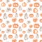 Watercolor seamless pattern with autumn pumpkins, orange and white on a white background