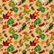 Watercolor seamless pattern with autumn red rowan, yellow maple foliage, oak leaves, acorns on beige background.