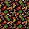 Watercolor seamless pattern with autumn red rowan, yellow maple foliage, oak leaves, acorns on black background.