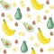 Watercolor seamless pattern Avocado Banana Whole, Half, Ossicle Summer fresh illustration Isolated on white background