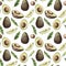 Watercolor seamless pattern with avocado, leaves and slice. Hand painted tropical fruit and leaves isolated on white background.