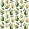 Watercolor seamless pattern with avocado, slice and leaves. Hand painted tropical fruit and leaves isolated on white background.