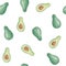 Watercolor seamless pattern avocado. Whole Avocado, Half. Summer fresh illustration Isolated on white background. Hand