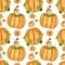 Watercolor seamless pattern, baby in pumpkin costume and little pumpkin on white background. Pattern for autumn products