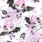 Watercolor seamless pattern. Ballet girls with bat wings and skulls. Dancing little witches. Teenager. Halloween horror