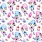 Watercolor seamless pattern. Ballet girls with sweet cakes. Dancing princesses. Teenager. Celebration birthday party