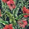 Watercolor seamless pattern with banana leaves and hybiscus. Hand painted greenery tropical palm brunch and red flowers