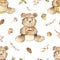 Watercolor seamless pattern with bear, hedgehog, honey, autumn leaves.