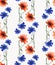 Watercolor seamless pattern with beautiful vertical garland of wild blue cornflowers and red poppies