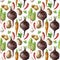 Watercolor seamless pattern with beet, potato, onion, pepper, garlic, carrot and greenery on the white background