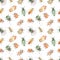 Watercolor seamless pattern with beetles, rhinoceros beetle, ladybug, colorado beetle on white background