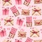 Watercolor seamless pattern with beige envelopes, pink gifts, chocolate bar and hearts on a pink background. Cute background for