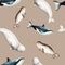 Watercolor seamless pattern with beluga, killer whale and narwhal isolated on white background. Hand painting realistic