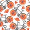 Watercolor seamless pattern bicycles with grapefruit wheels. Colorful summer background.
