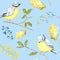 Watercolor Seamless pattern with Bird BlueTit sitting on the oak Branch, isolated on blue background.