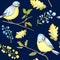Watercolor Seamless pattern with Bird BlueTit sitting on the oak Branch, isolated on blue background.