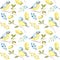 Watercolor Seamless pattern with Bird BlueTit sitting on the oak Branch, isolated on white background.