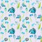 Watercolor seamless pattern of a bird, a pair of pigeons, with a nest. Bird family. Blue small flowers.