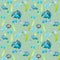 Watercolor seamless pattern of a bird, a pair of pigeons, with a nest. Bird family. Blue small flowers. Pastel gamma, green backgr