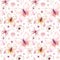 Watercolor seamless pattern birds, flower, feather, butterfly, blossom flolar style. spring illustration with colorful flowers on