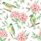 Watercolor seamless pattern: birds and flower, leaf, branch, isolated on background
