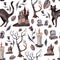 Watercolor seamless pattern with Black cat, withered tree, fallen leaves, dracula`s castle