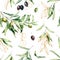 Watercolor seamless pattern with black, gold and green olives, branches. Hand painted olives and leaves isolated on