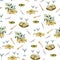 Watercolor seamless pattern with black and green olives and martini. Olives, cutting board. Botanical illustration for