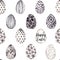 Watercolor seamless pattern. Black and white background with trendy eggs. Happy Easter! Sketch. Perfect for invitations, greeting