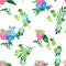 Watercolor seamless pattern with blue flowers and summer berries. Decorative background. Vibrant hand painted elements. Raspberry