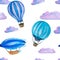 Watercolor seamless pattern with blue hot air balloons, clouds and airship isolated on white